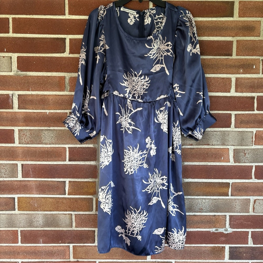 Collective Concepts Blue Pink Floral Silky Asian Dress Women's Sz L A3167